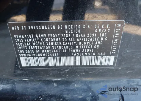 2022 Volkswagen Jetta 1.5T Se z USA, uszkodzony, nr VIN 3VW7M7BU0NM024411